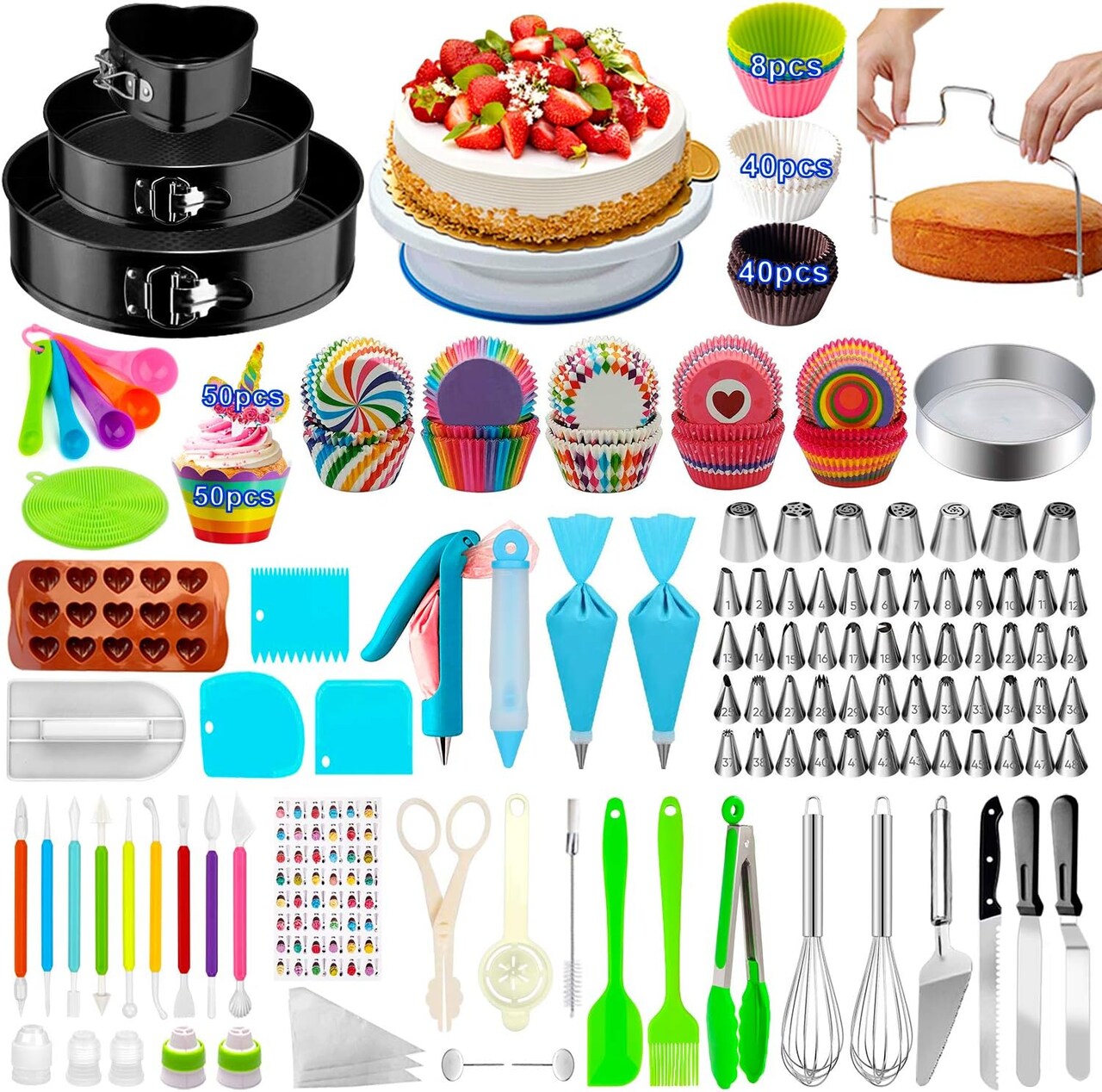 493-Piece Cake Decorating Kit with Rotating Turntable, Springform Pans & Baking Tools – Complete Baking Supplies Set